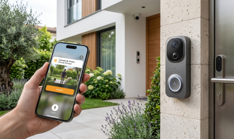 Aqara G4 videotimbre HomeKit con notificación en iPhone y dispositivo instalado en fachada