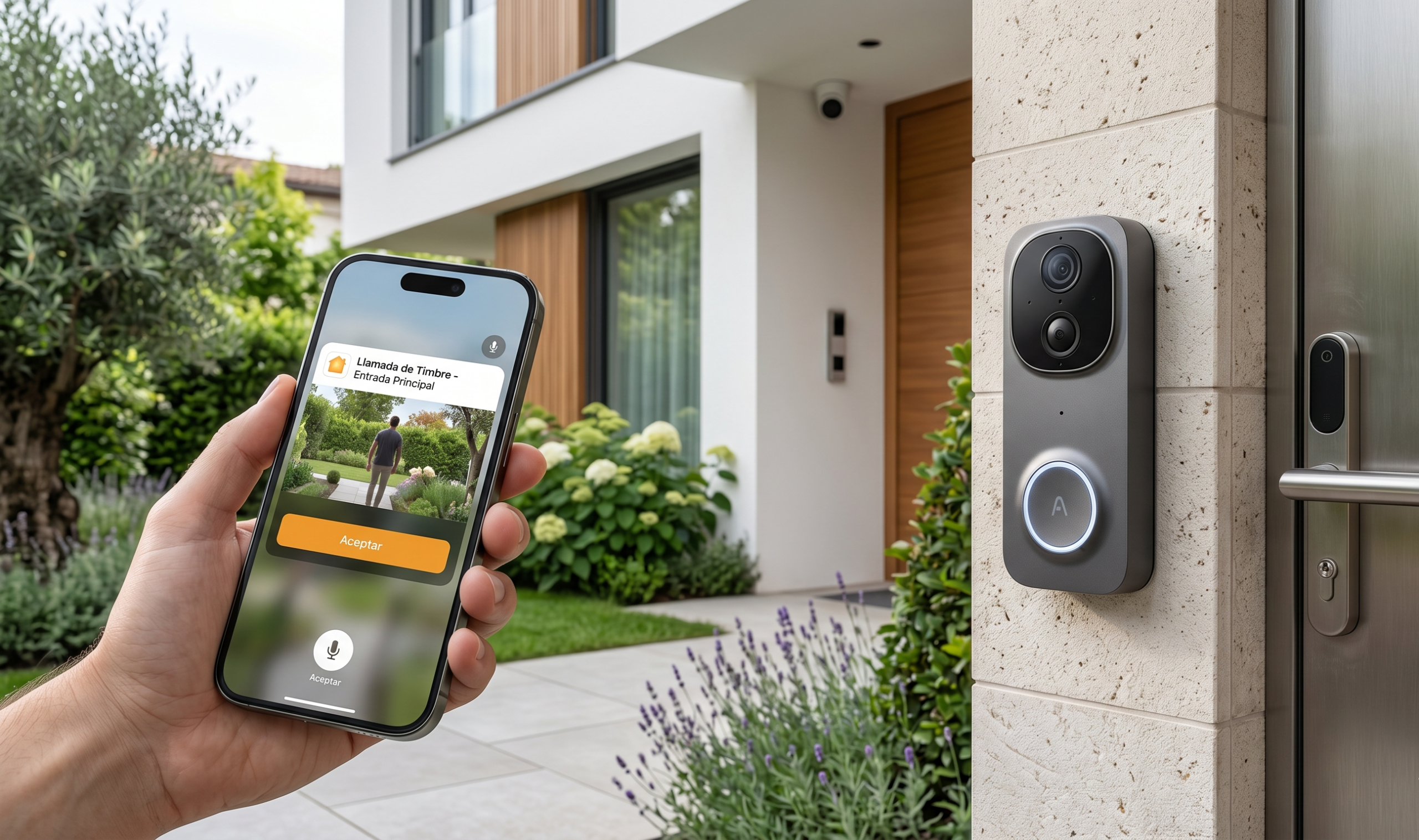 Aqara G4 videotimbre HomeKit con notificación en iPhone y dispositivo instalado en fachada