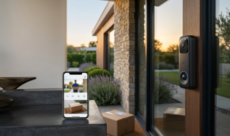 Eufy Video Doorbell E340 instalado en puerta con app mostrando doble vista: repartidor y paquete