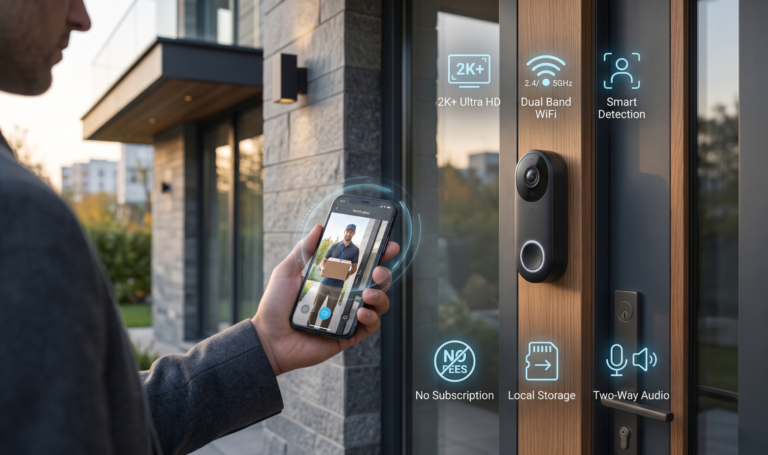 Reolink videotimbre opiniones 2K+ dual band WiFi instalado en puerta con notificación en móvil