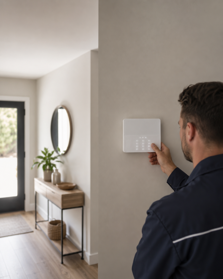 Técnico instalando un panel de alarma para el hogar en una pared de entrada