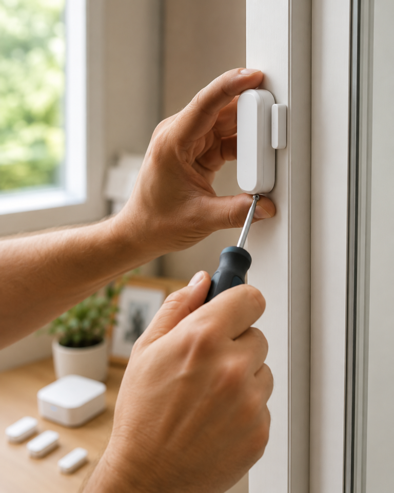 Instalación de un sensor de apertura de la alarma Ajax KIT-6W en el marco de una ventana