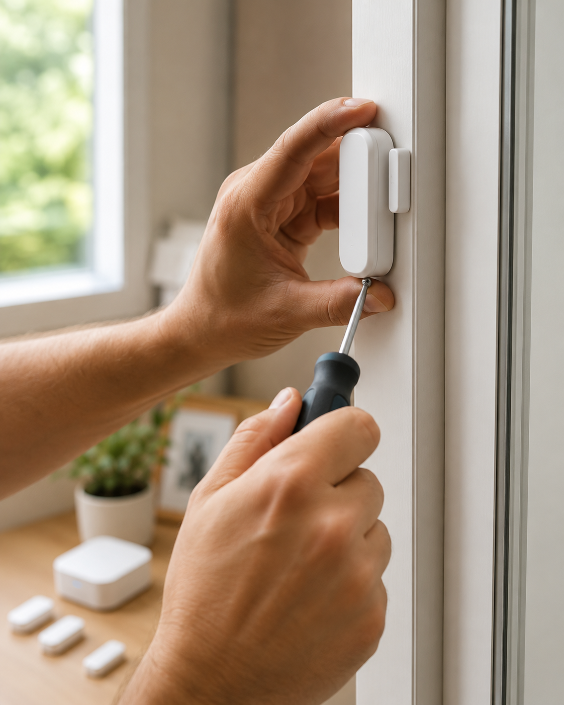 Instalación de un sensor de apertura de la alarma Ajax KIT-6W en el marco de una ventana