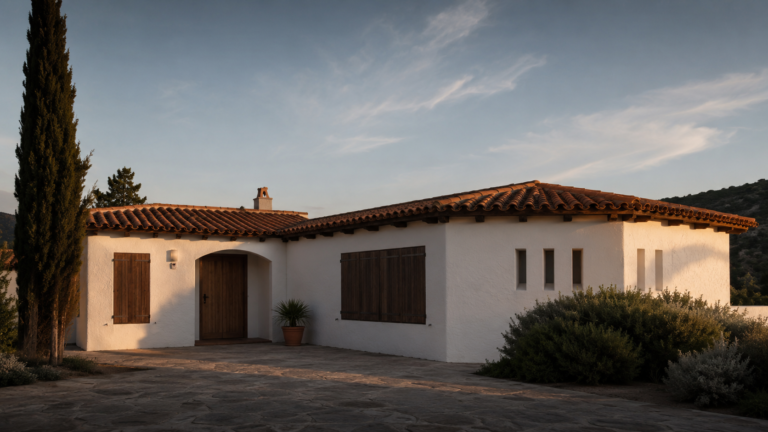 Casa de campo tipo segunda residencia con las persianas cerradas y sensor de alarma junto a la puerta