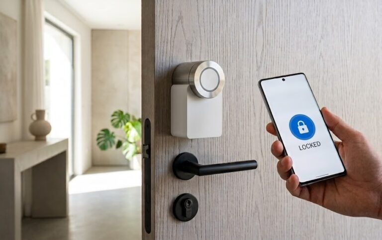 Persona bloqueando una cerradura inteligente desde la app del móvil