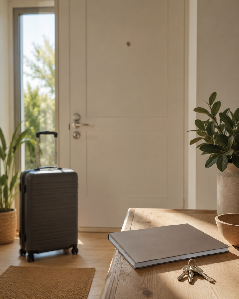 Maleta de viaje, llaves de casa y documentos junto a la puerta antes de salir de vacaciones