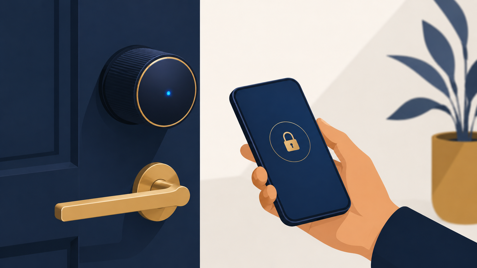 Cerradura inteligente Tedee GO2 en puerta con apertura desde móvil por Bluetooth