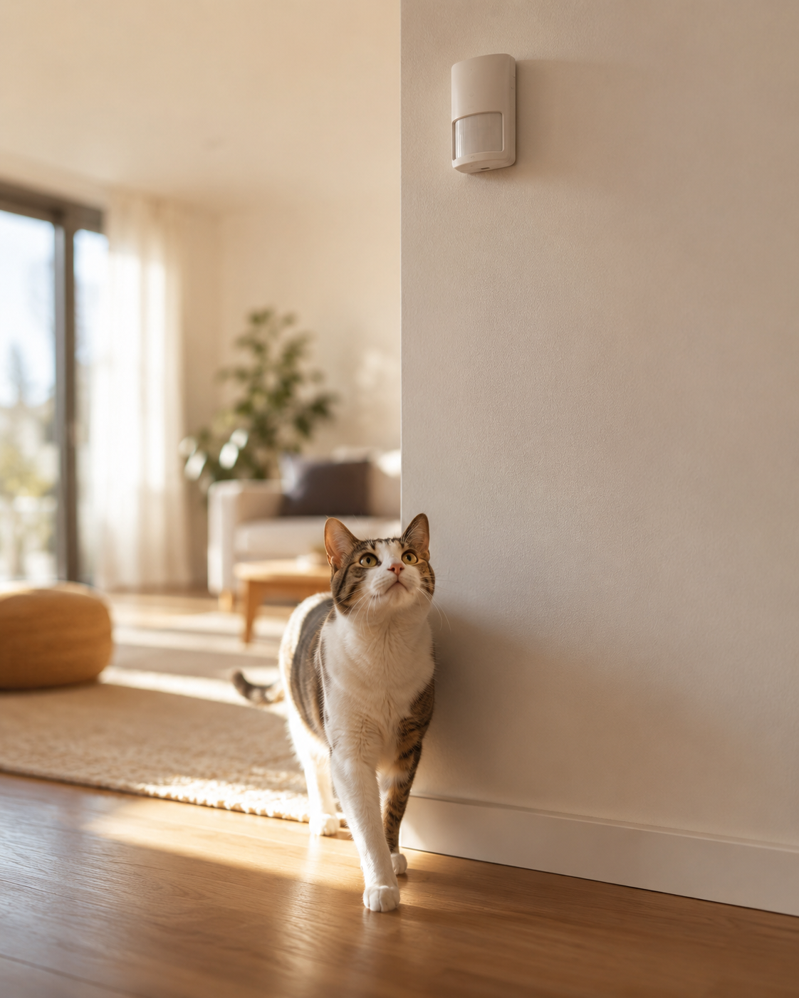 Sensor de movimiento detectando a un gato en el salón, causa habitual de falsas alarmas en casa