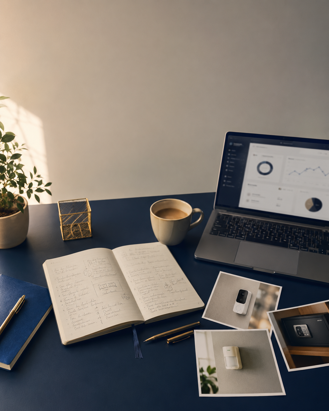 Mesa de trabajo con notas, portátil y fotos de productos de seguridad del hogar analizados