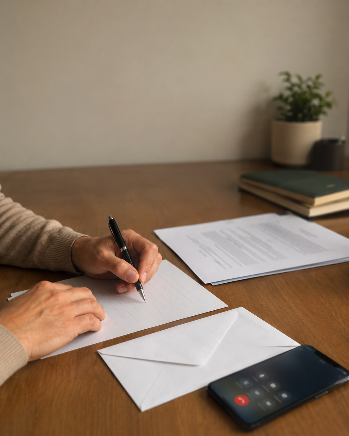 Persona escribiendo una carta formal de reclamación con sobre y móvil sobre la mesa