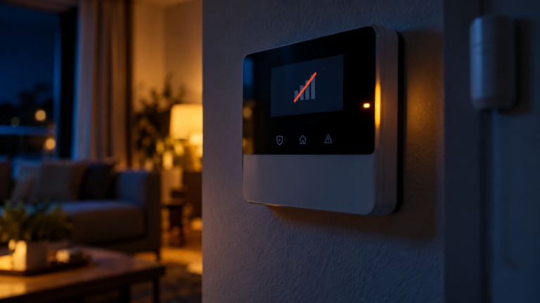 Panel de alarma doméstica con icono de señal cortada durante el apagón 2G y 3G