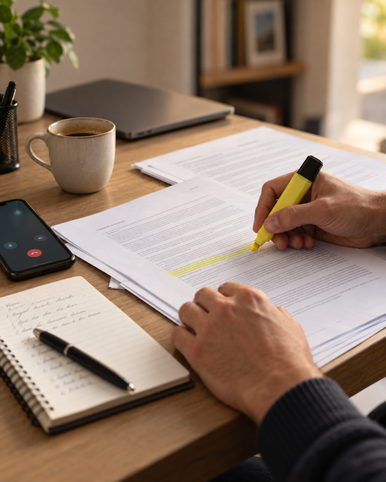 Persona subrayando una cláusula del contrato antes de presentar una reclamación