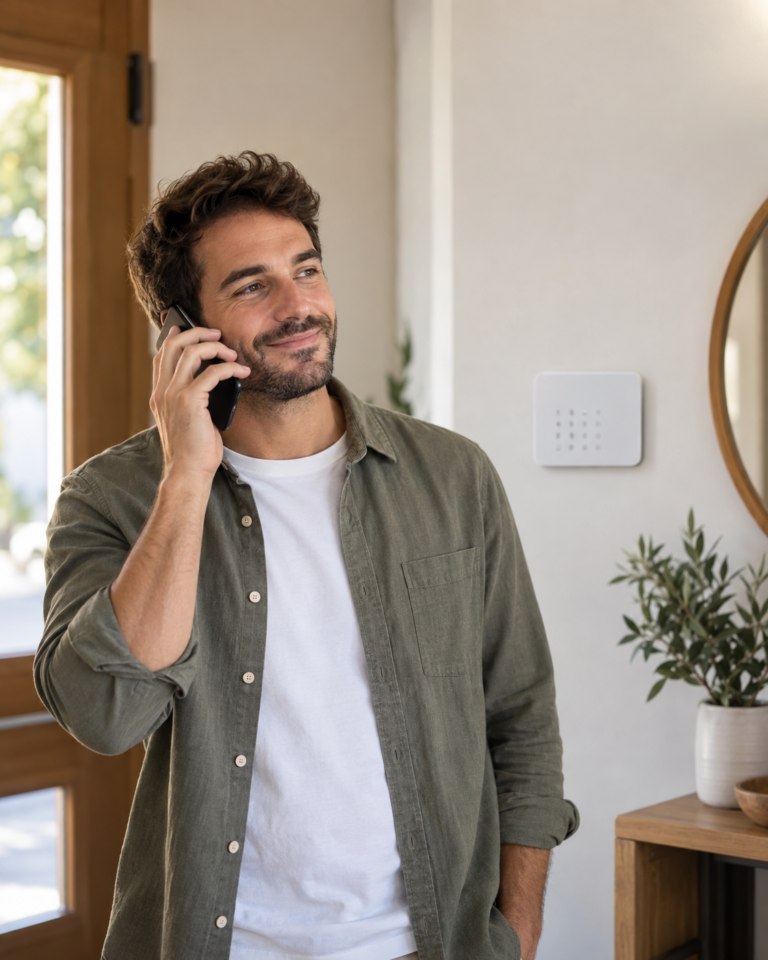 Persona tranquila al teléfono con panel de alarma visible en el fondo de la entrada