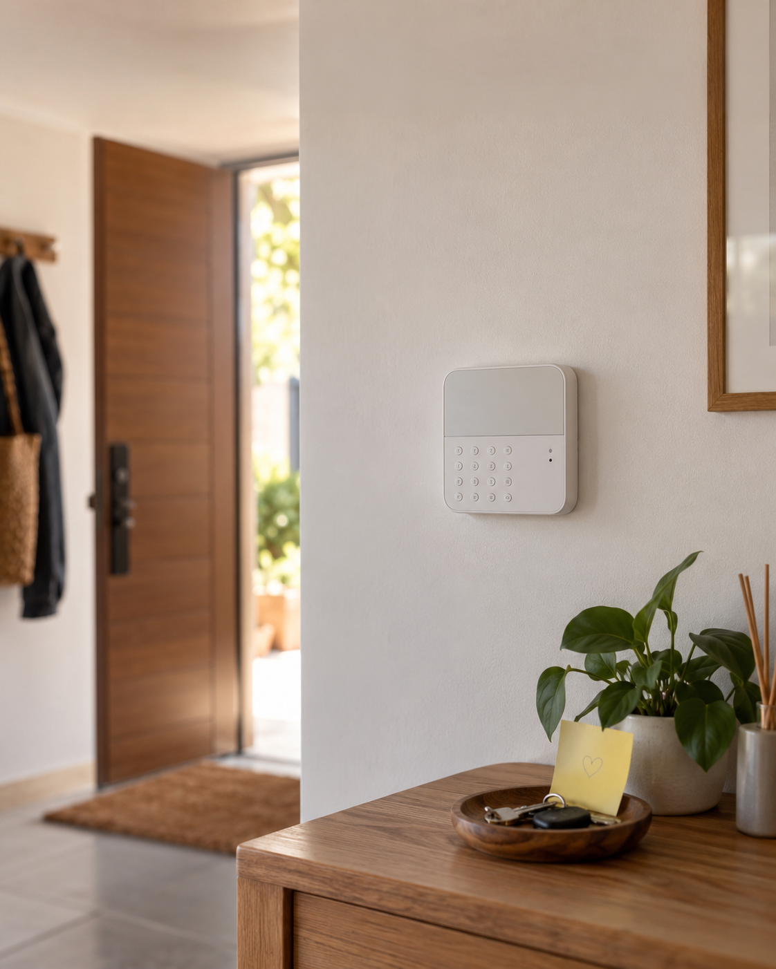 Panel de alarma sencillo instalado en la entrada de una vivienda, con llaves y nota sobre una consola de madera