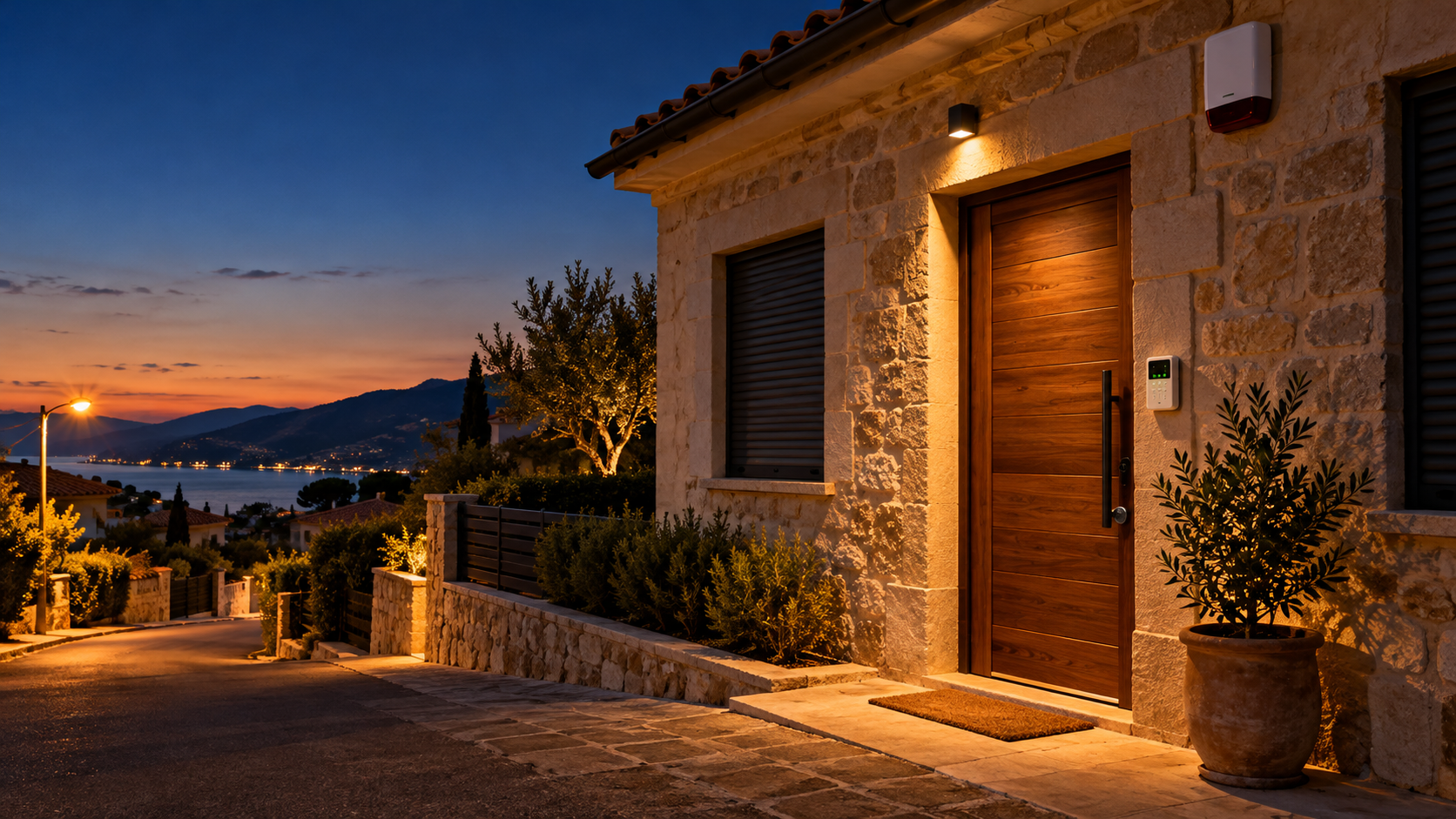 Entrada de una vivienda de piedra al anochecer con alarma antiokupas: sirena exterior y teclado junto a la puerta