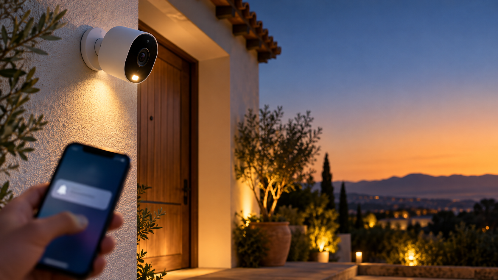 Arlo Pro 6 opiniones: cámara de seguridad inalámbrica blanca con foco junto a una puerta de madera y una mano con un móvil que muestra una notificación al atardece