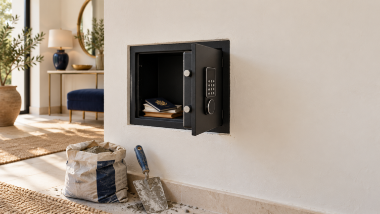 Caja fuerte de empotrar negra con teclado electrónico, abierta en una pared blanca con un pasaporte y documentos dentro y una bolsa de cemento y una paleta en el suelo