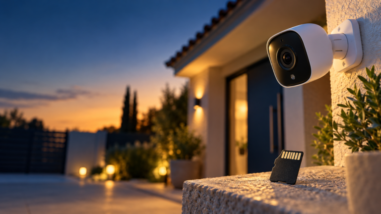 Cámara de seguridad sin cuotas en la pared de una casa al atardecer, con una tarjeta microSD en primer plano