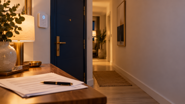 Recibidor de un piso por la noche con un teclado de alarma blanco junto a la puerta azul y unos papeles de contrato con un bolígrafo sobre una mesa de madera